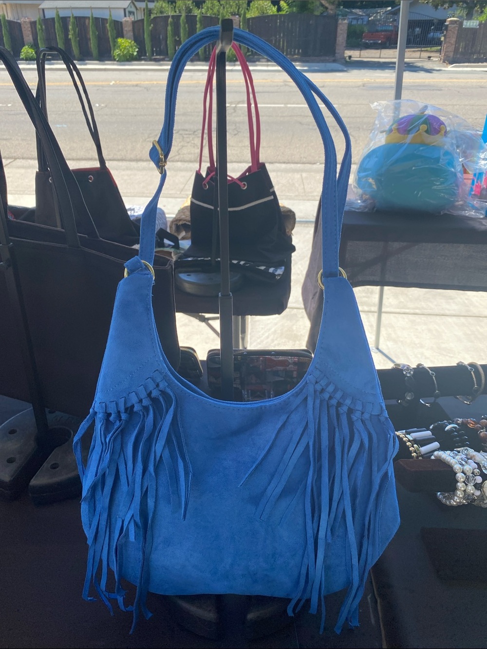 Blue Faux Suede Fringe Shoulder Bag - Women's Stylish Faux Suede Tote